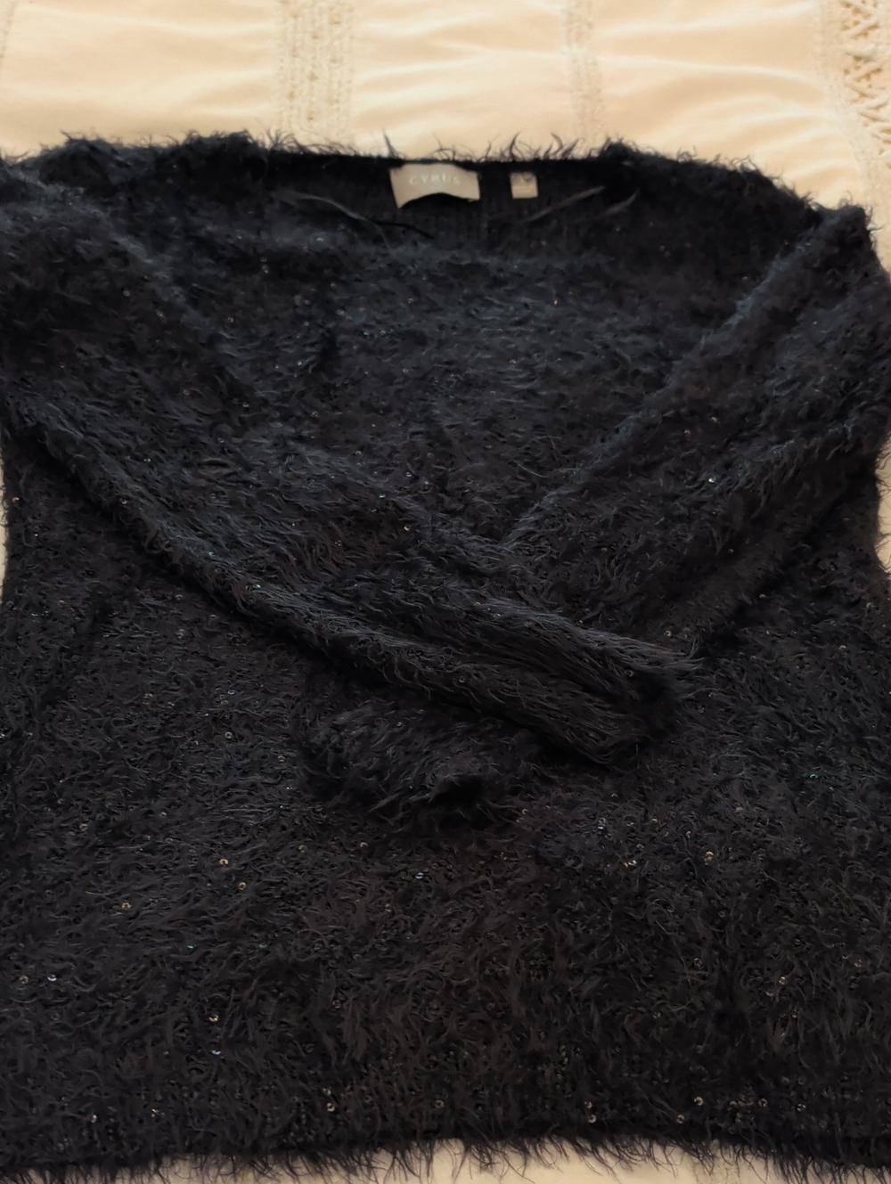 Cyrus Black Fuzzy Sequin Crewneck Sweater